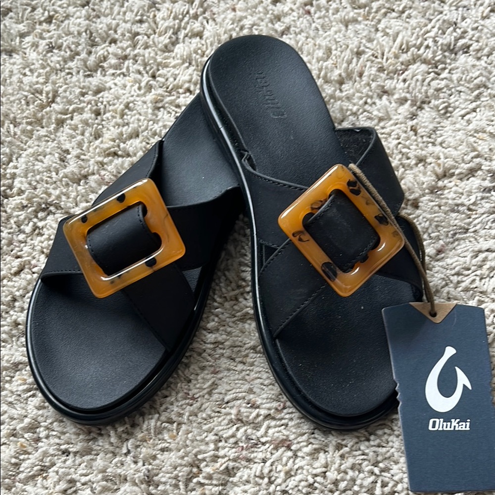 Olukai Black La’i Slides